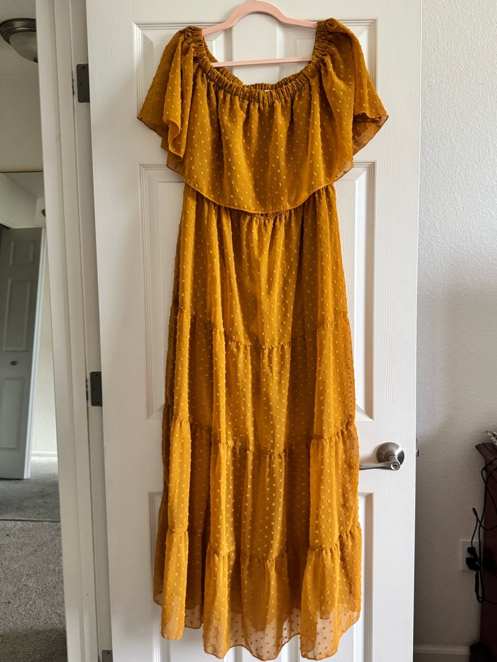Mustard Off-Shoulder (or Strapless) Tiered Maxi Dress